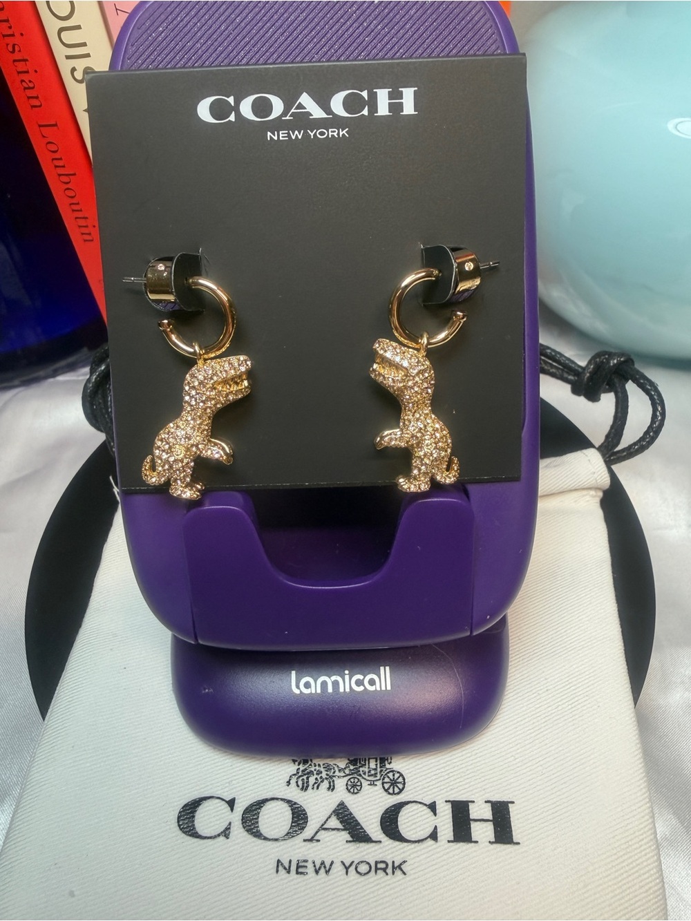 COACH New York Rexy Gold Tone Pave Dinosaur Hoop Earrings NWT